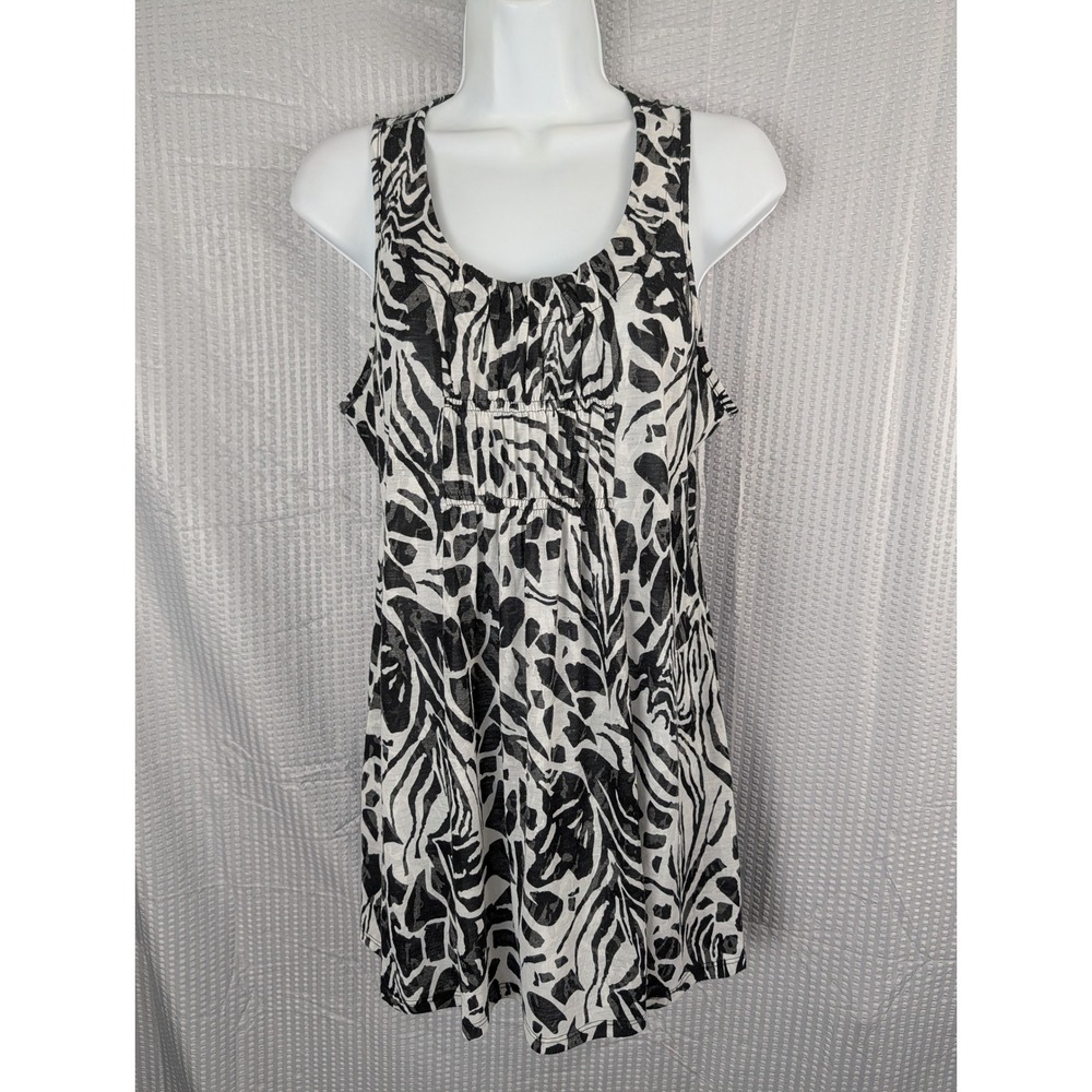 New Directions Women Medium Black White Animal Print Smocked Scoop Neck Tank Top